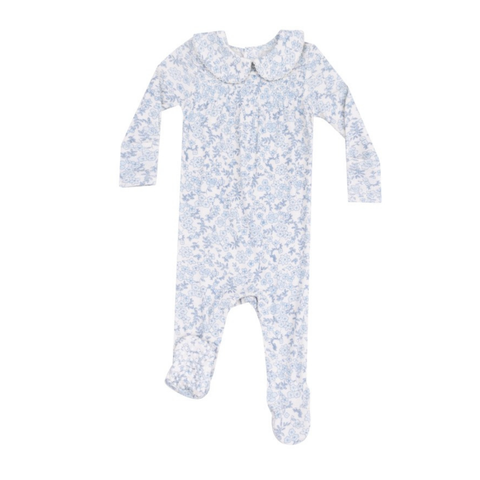 blue floral footie with a rounded collar. 