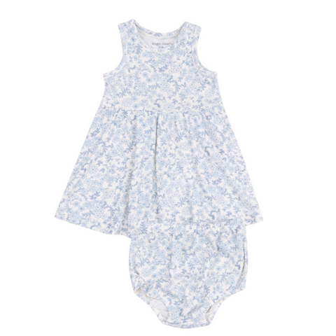 white dress with blue floral and sleeveless
