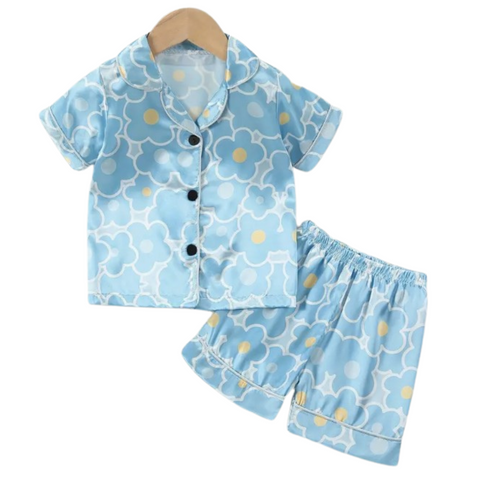 blue satin short sleeve button down and short set with blue flowers. 