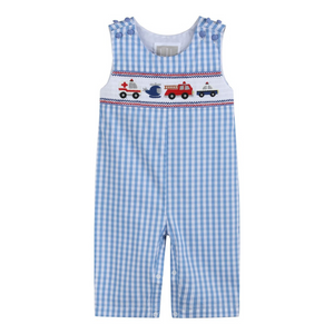 Blue gingham overalls with embroidered emergency vehicles smocked across the chest, shown from the front.