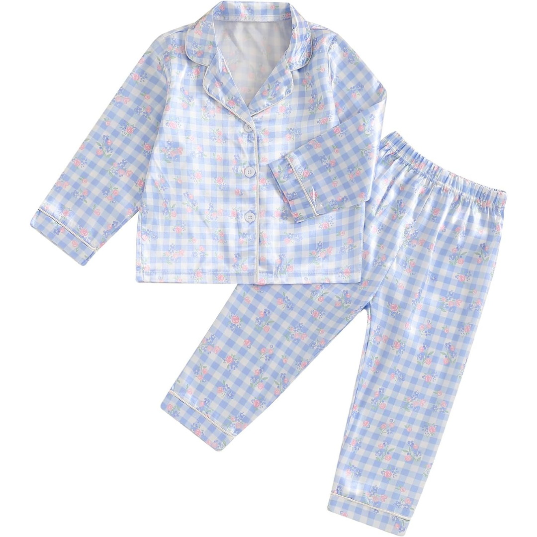blue plaid long sleeve and pant satin pajama set. has pink and blue flower print on top of the plaid print. 