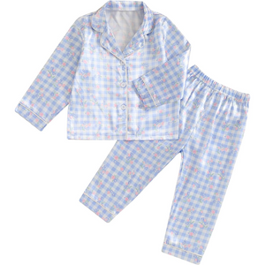 blue plaid long sleeve and pant satin pajama set. has pink and blue flower print on top of the plaid print. 