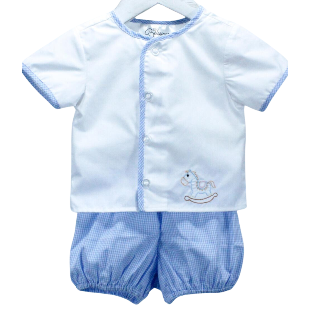 2pc baby boy diaper set with light blue gingham bloomer and white button top with gingham trim  and a hand embroidered rocking horse