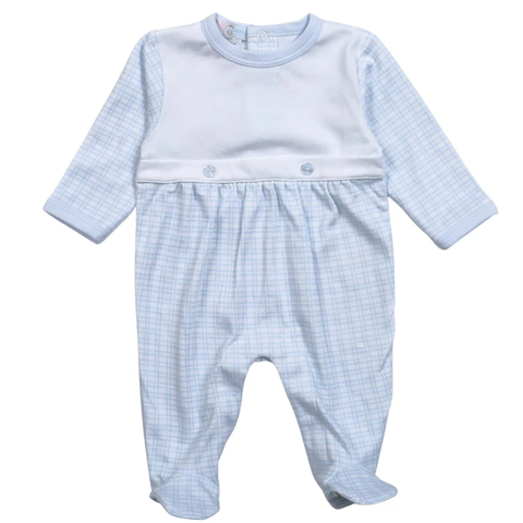 Baby onesie with light blue checkered pattern and button accent at the waist on a white background