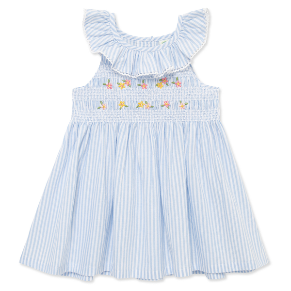 Light blue striped dress with floral embroidery on a white background