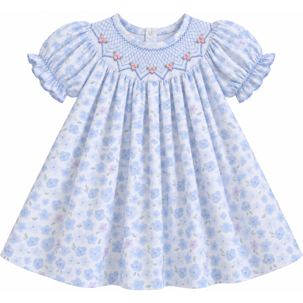 Blue and lavender floral smocked bishop dress with puff sleeves for girls