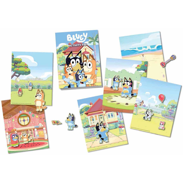 Collection of Bluey-themed activity books and puzzles on a white background