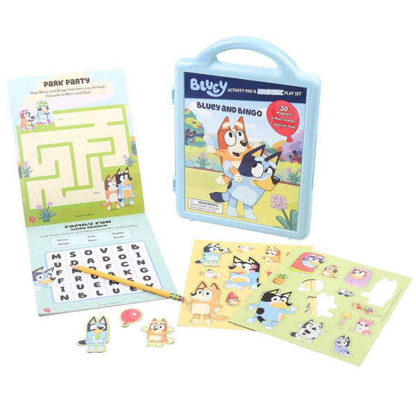 Bluey activity book and play set with puzzles and stickers on a white background