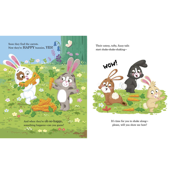 Illustrated book page with cartoon bunnies in a garden setting