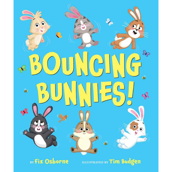 Bouncing Bunnies children’s picture book with colorful illustrations of playful bunnies jumping, wiggling, and moving together outdoors.