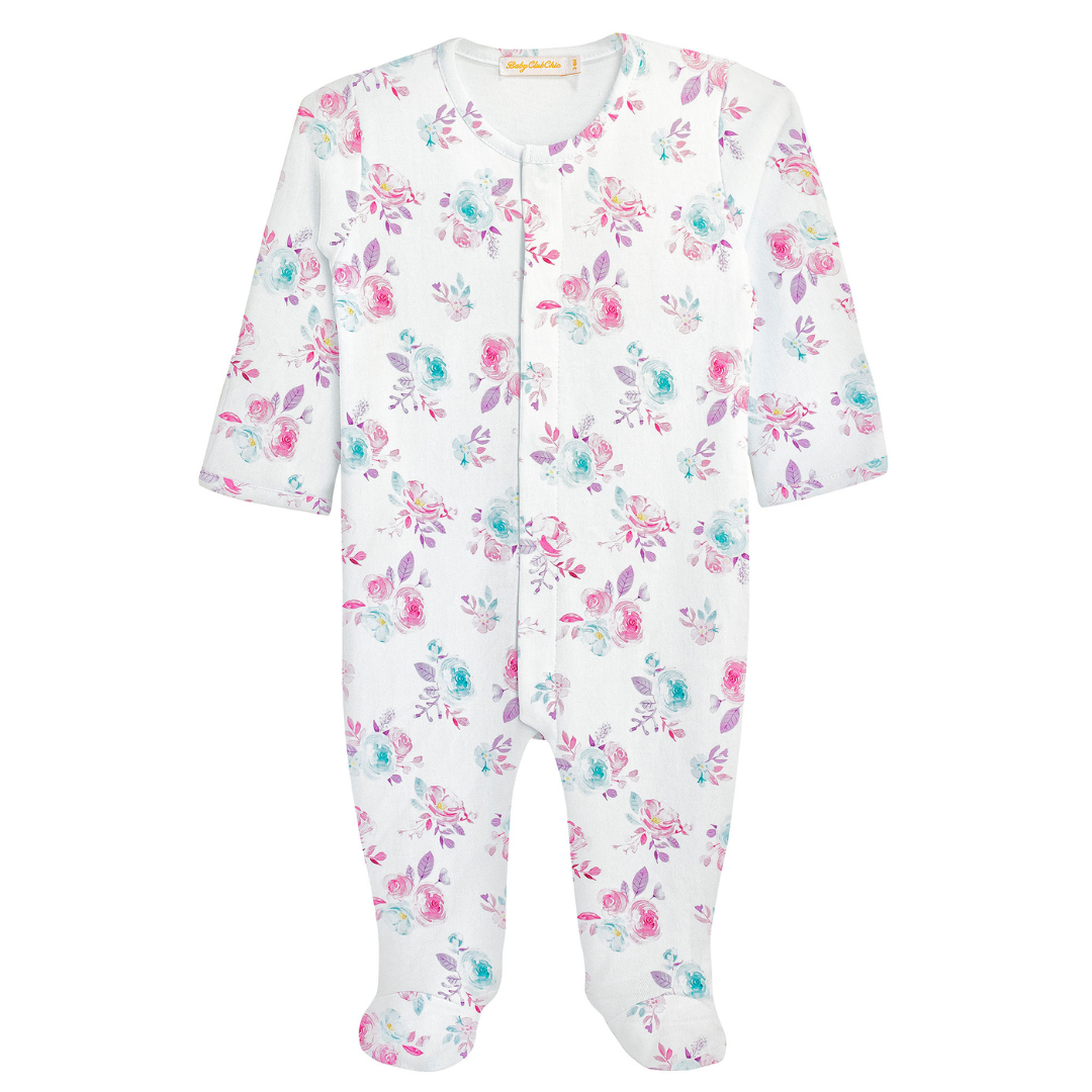 white footie with pink, purple, and blue floral print. 