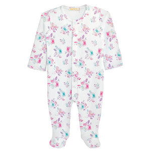 white footie with pink, purple, and blue floral print. 