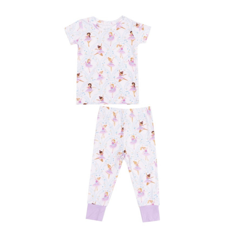 purple shirt and pants with a ballerina print. 