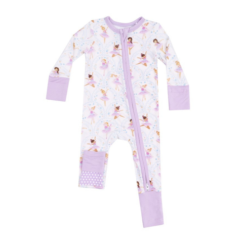 purple coverall with ballerina print. 