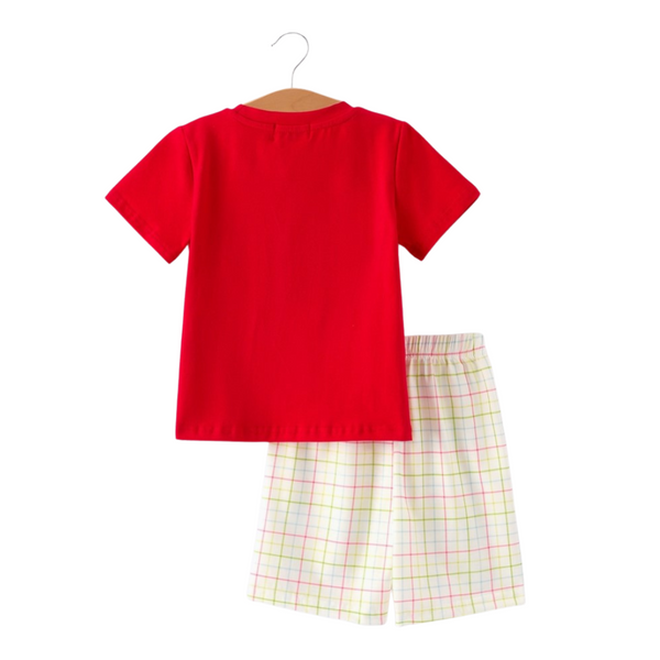 Back view of boys’ solid red short-sleeve tee and pastel plaid shorts with an elastic waistband.