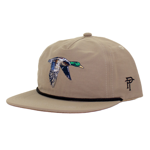Tan kids’ rope hat with embroidered flying mallard duck, black rope trim, and adjustable snapback closure

