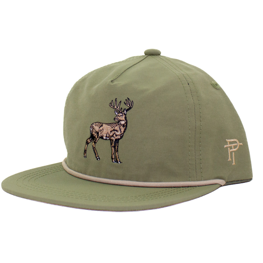 Olive green kids’ rope hat with embroidered whitetail deer, flat brim, and adjustable snapback closure


