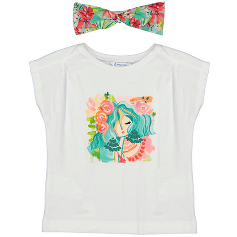 white t-shirt with a girl  with pink and orange floral on the front. has a matching teal and pink headband. 