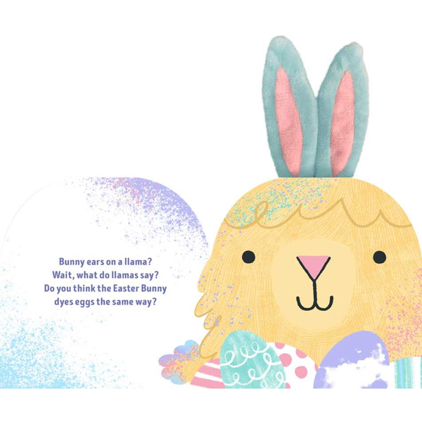 Illustration of a llama with bunny ears and Easter eggs on a white background