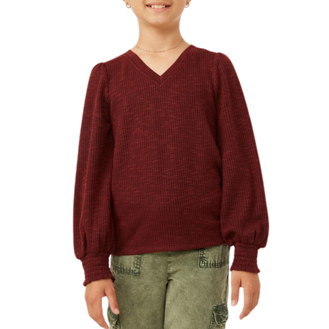 long sleeve burgundy sofly marled v neck shirt with smocked elastic at the wrist