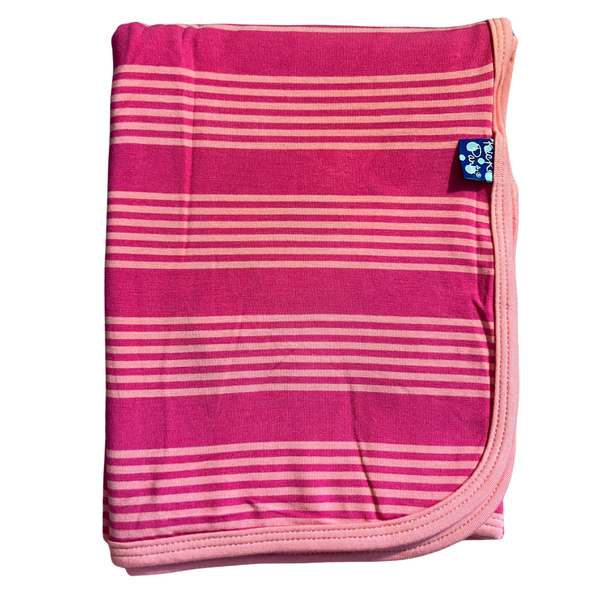 bamboo swaddling blanket strawberry color with pink stripes and trimmed in the pink