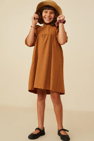 Camel Square Neck Embossed Floral Dress