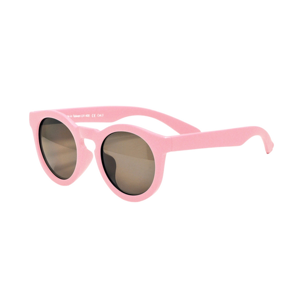 Chill kids sunglasses in dusty rose with smoke lenses and Real Shades logo on arm.