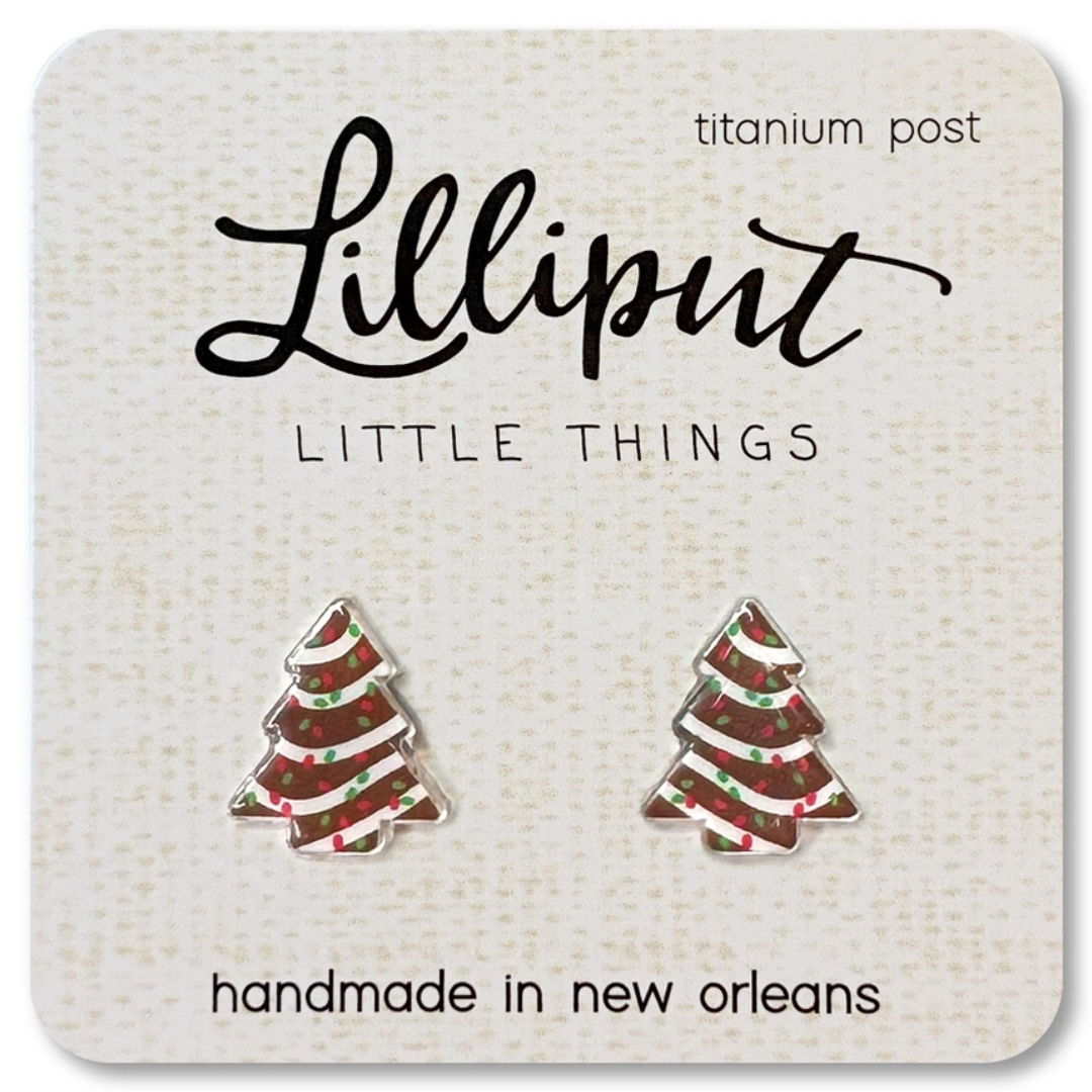 a pair of chocolate treat christmas tree handmade earrings.