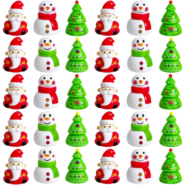 Rows of mini Christmas-themed toy cars featuring Santa, snowman, and Christmas tree designs in bright red, green, and white.