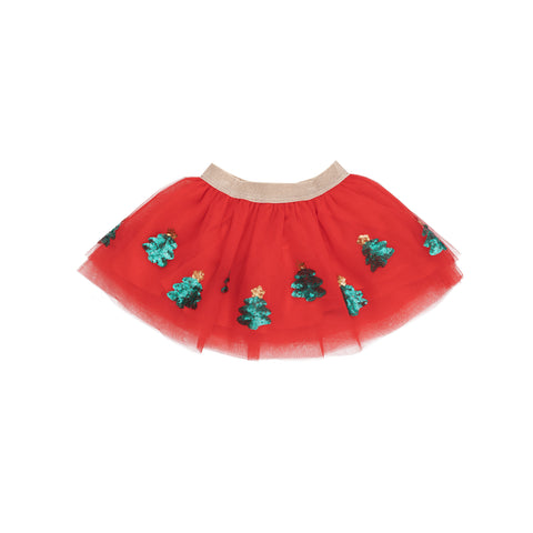 red tutu skirt with gold waist band with sequence Christmas trees