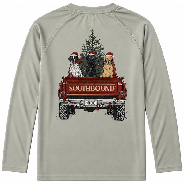 Boys light gray long sleeve shirt with Christmas dogs in red truck graphic and “Southbound” text on the back