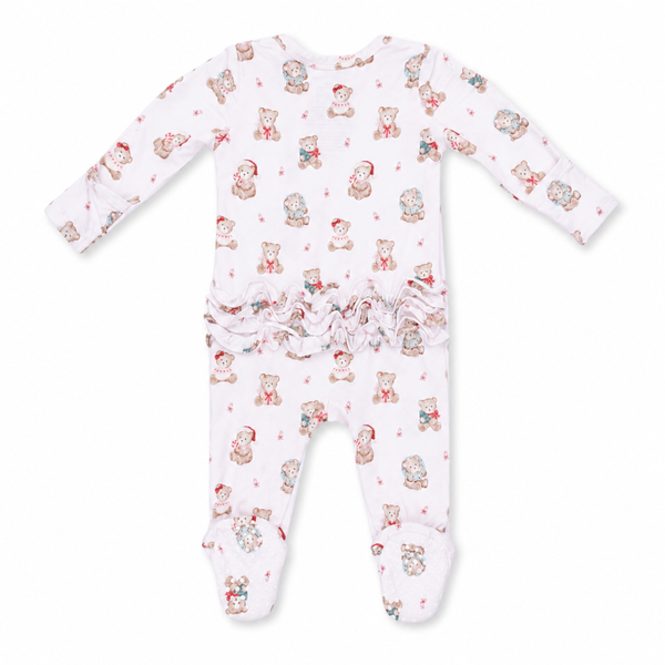 Pink Christmas teddy bear baby footie with zipper closure, ruffle back detail, and footed design