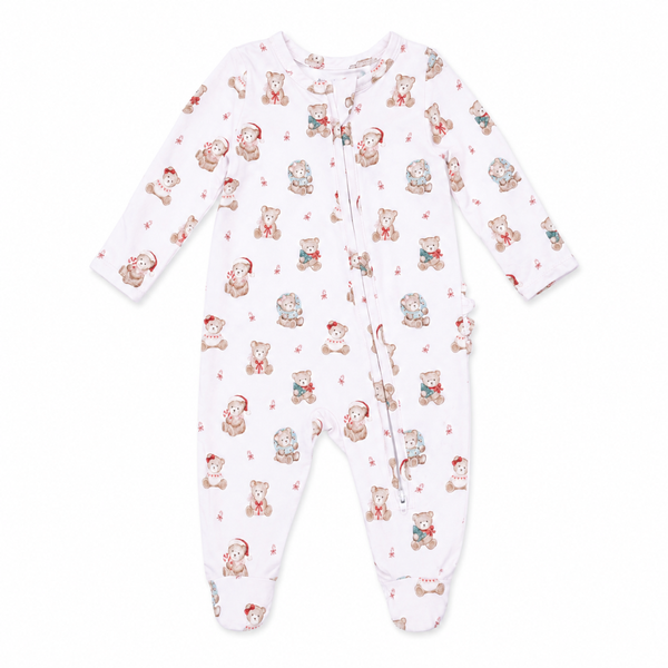 Pink Christmas teddy bear baby footie with zipper closure, ruffle back detail, and footed design