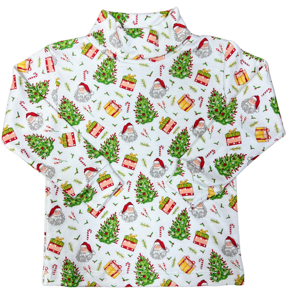 All over printed christmas turtleneck with santa, presents, christmas tree, candy canes 