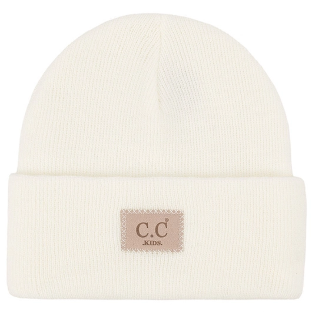 White beanie with a C.C Kids label on a white background