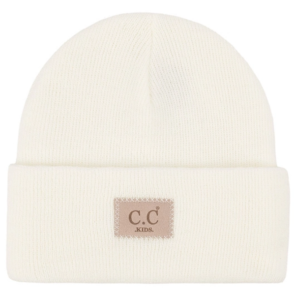 White beanie with a C.C Kids label on a white background