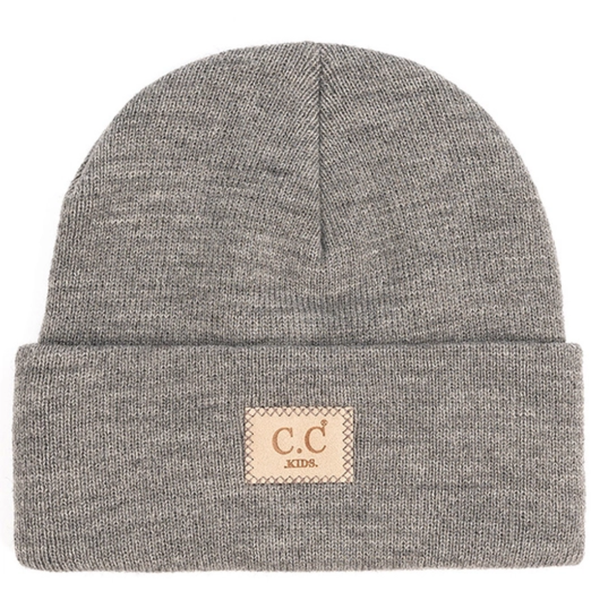 Gray knit beanie with a leather  "cc Kids" patch on a white background