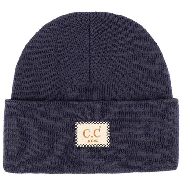 Navy blue beanie with a 'C.C Kids' label on a white background