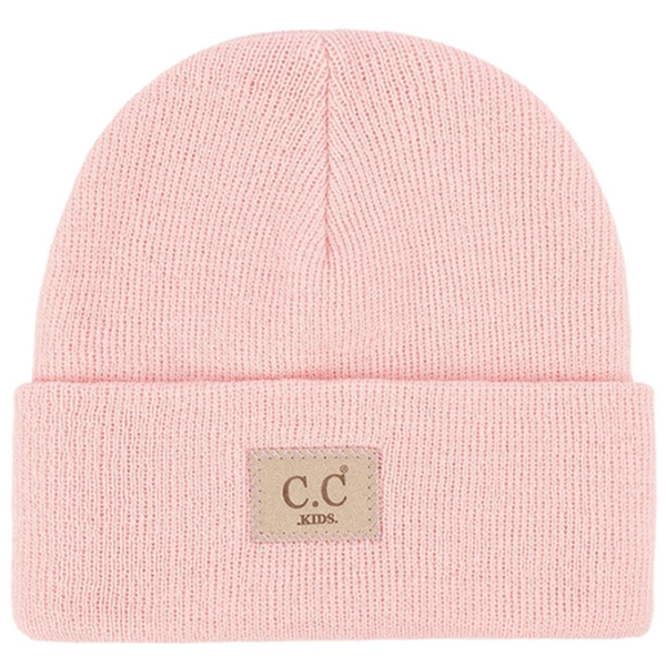 Pink knit beanie with a 'C.C Kids' label on a white background