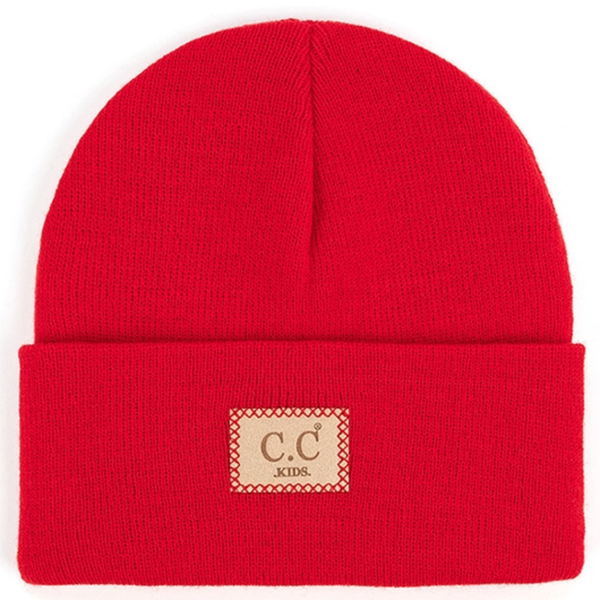 Red beanie with a 'C.C Kids' label on a white background