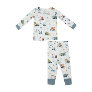 blue long sleeve loungewear set with construction machines and alphabets