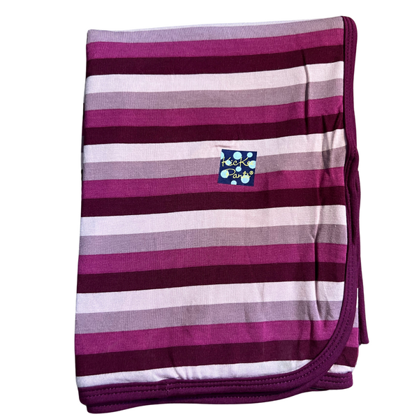 bamboo swaddling blanket striped in pink, mauve,berry and trimmed in the berry color