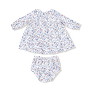Long sleeve baby dress with Peter Pan collar in vintage blue and pink floral print, shown with matching diaper cover.

