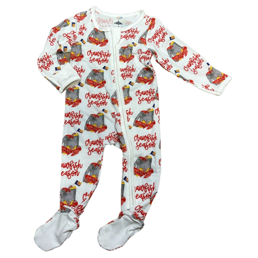 white footie with crawfish season print
