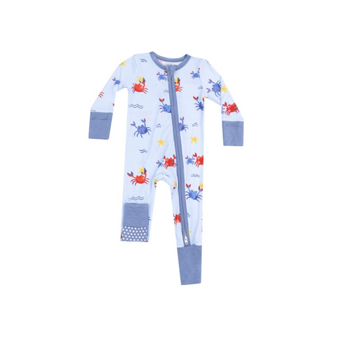 Blue two way zipper romper with red and blue crabs print