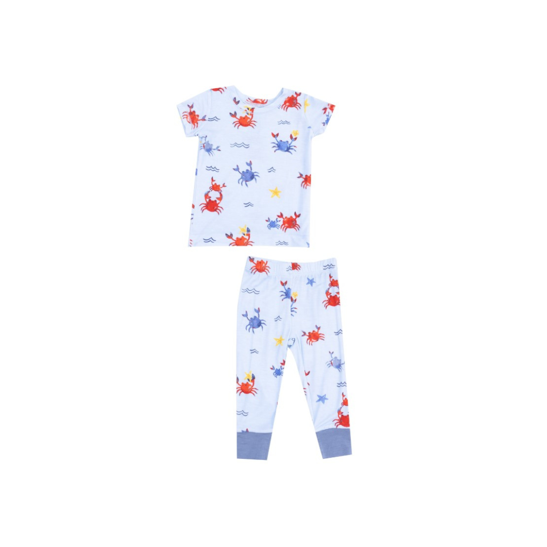 Blue short sleeve loungewear set with red and blue crab print