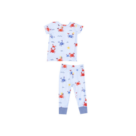 Blue short sleeve loungewear set with red and blue crab print