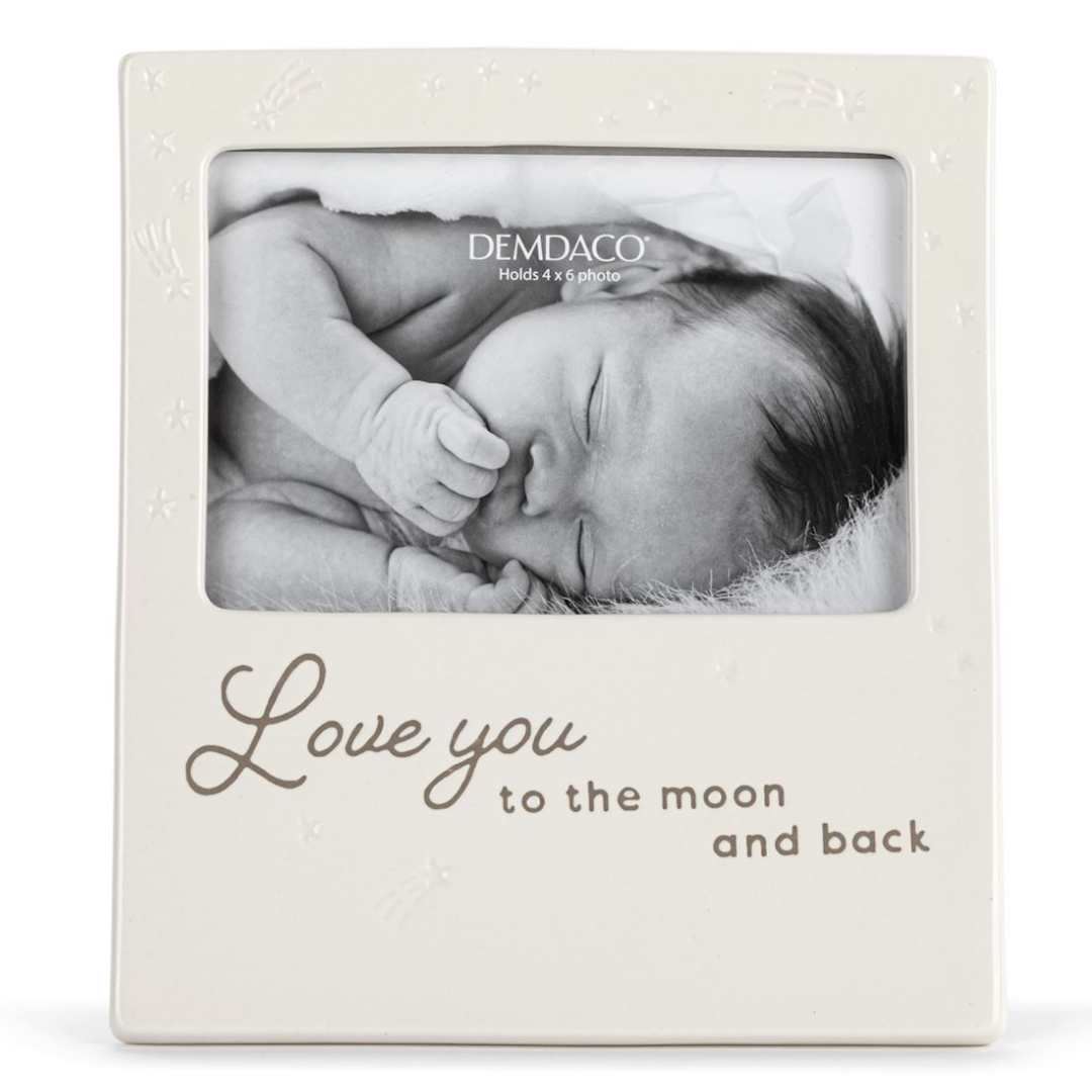 Neutral photo frame with “Love You to the Moon and Back” text holding a 4x6 baby picture.