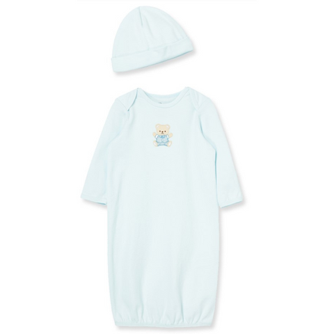Baby blue gown with embroidered teddy bear and matching soft blue hat for newborn boys.