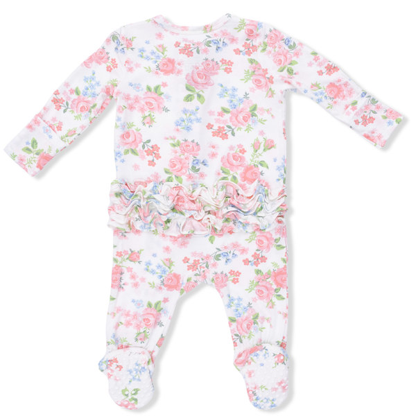 Floral-patterned baby onesie  pink roses and a touch of blue flowers, ruffled bum on a white background